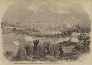 Een groep Bersaglieri, ondersteund door de 10e infanterie, die de Sesia bij Vercelli doorwaadt
